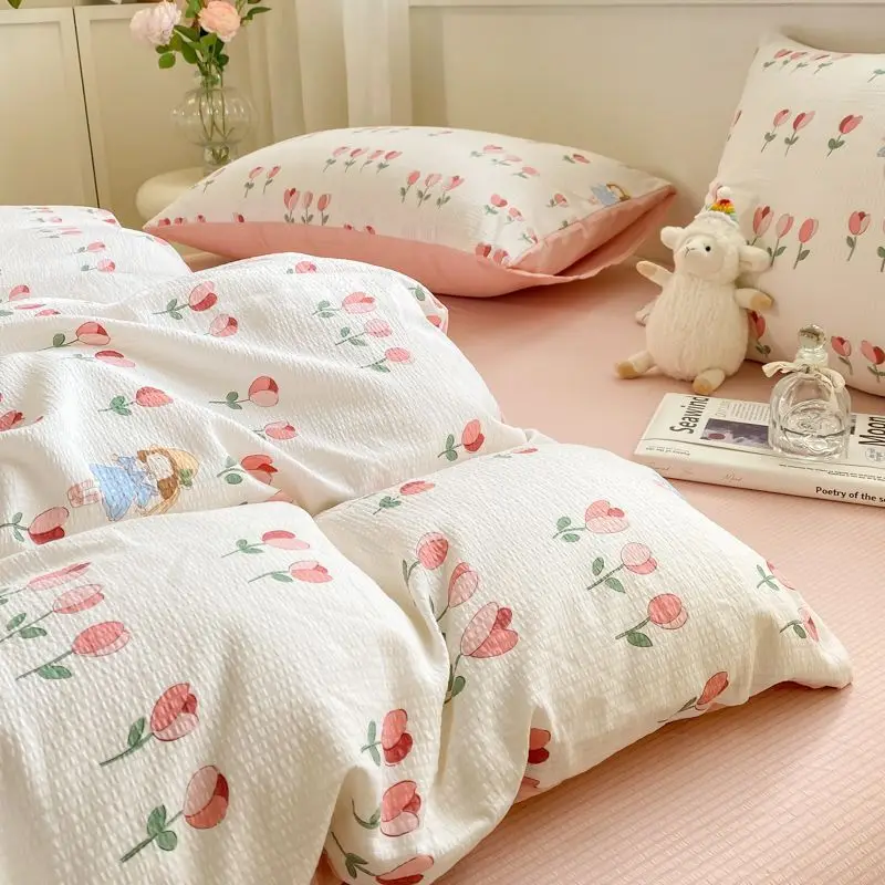 Cute pumpkin Korean Duvet Cover Set Skin Friendly Washed Cotton Bedding and Bed Sheets Girls Comforter Cover Single Queen Size