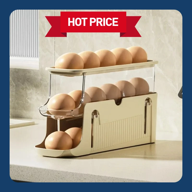Double-layer egg tray, fixed sliding automatic rolling egg box for refrigerator side door, foldable anti-drop egg storage box.