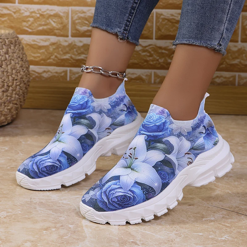 Fashion Print Floral Mesh Breathable Sport Shoes Women Shallow Anti Slip Thick Bottom Sneakers Femmer Basketball Vulcanize Shoes