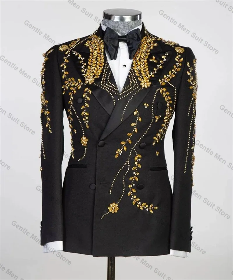 

Golden Crystals Men Suits 2 Piece Luxury Black Blazer+Trousers Wedding Tuxedo Male Prom Coat Customized Formal Office Jacket