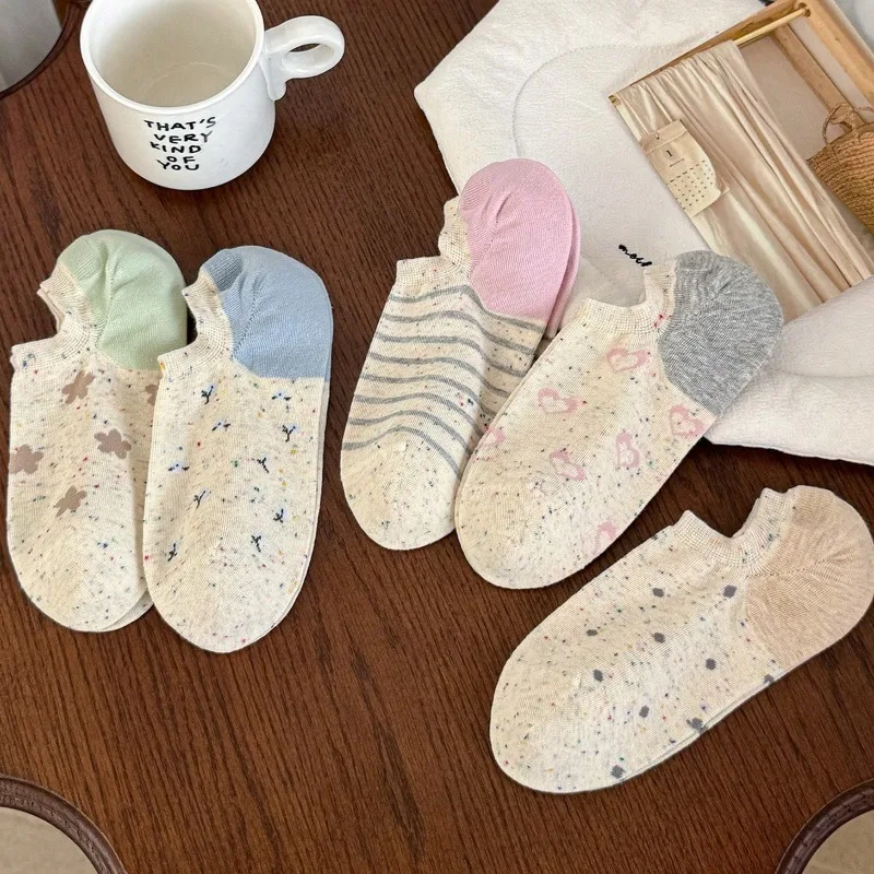 Women Socks New Fashion Summer Cotton Breathable Cute Flower Low Cut Socks for Women Color Blocking Korean Style Invisible Socks