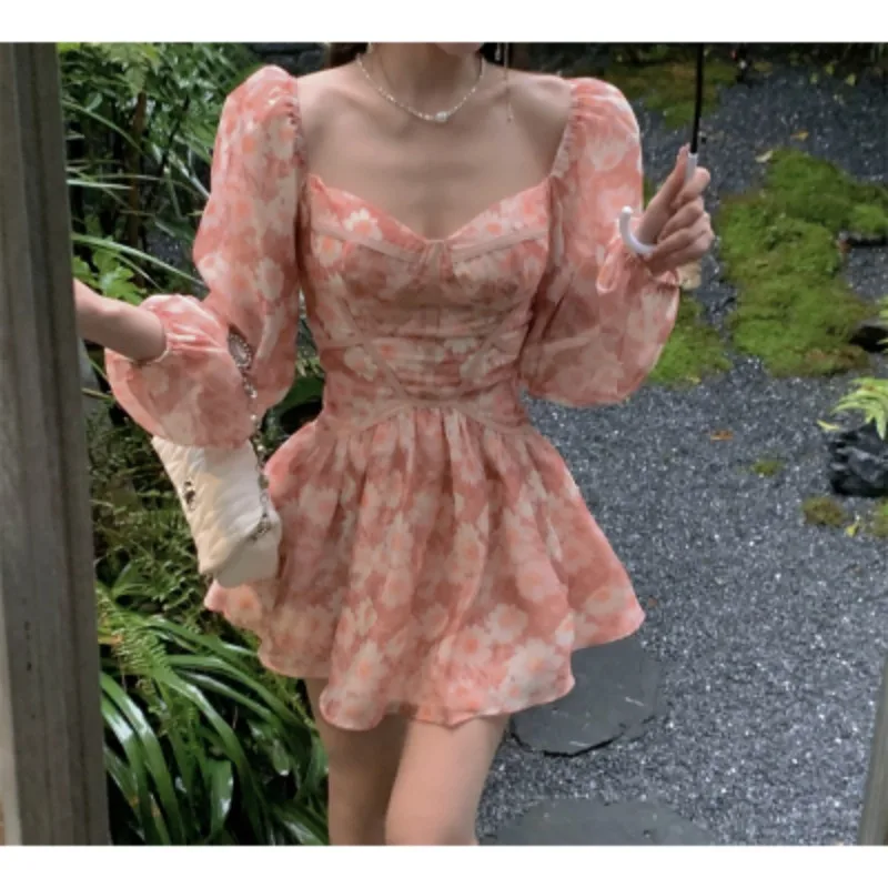 Elegant Long Puff Sleeve Vintage Square Collar Chic Sweet Daisy Print Slim A-line Dress High Street Spring Autumn Women Clothing