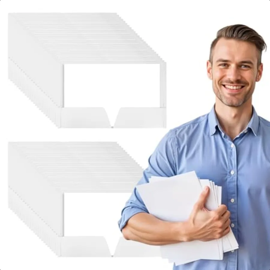 

50Pcs White Folders with Pockets Glossy Paper Laminated Portfolios fit Letter Size Paper Presentation Folders with 2 Pockets fo