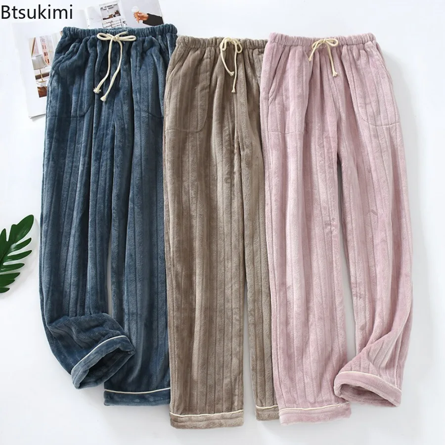 2024 Nieuwe Flanellen Pyjama Broek Heren Winter Verdikte Lounge Broek Zachte Warme Homewear Broek Koraal Fleece Slaapbroek Voor Heren