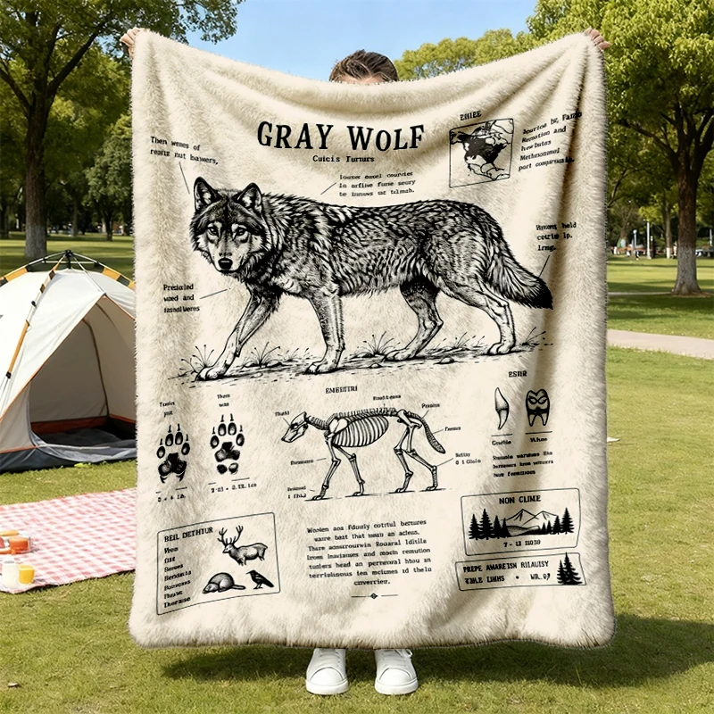 Gray Wolf Anatomy Cozy Blanket Vintage Wildlife Illustration, Paw Prints
