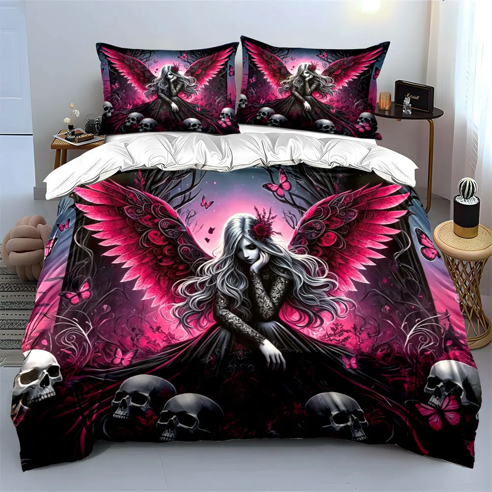 Gothic Pink Wing Dark Angel Skull Butterfly Bedding Set,Horror Witch Girl Floral Print Duvet Cover,Soft Microfiber Duvet Cover