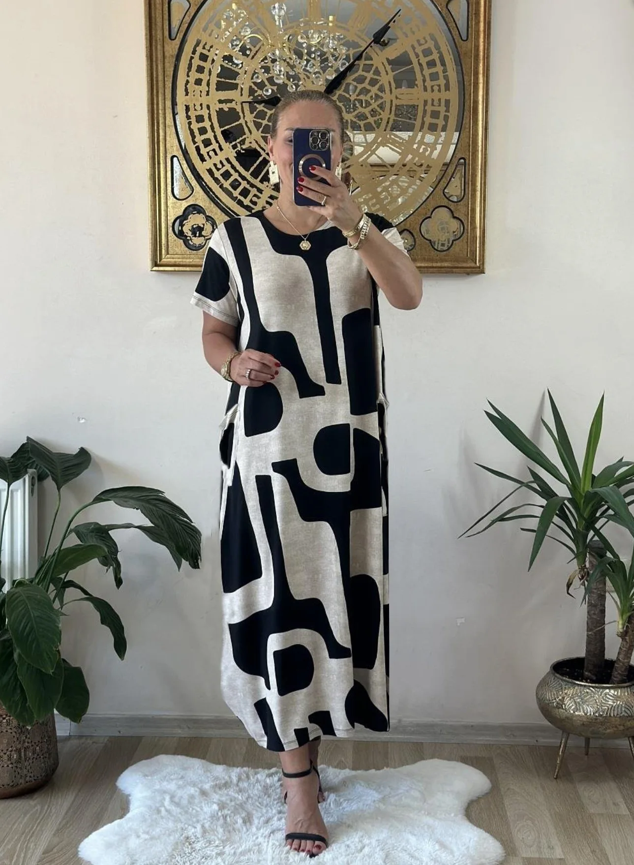 

Женское повседневное платье в стиле ретро с карманами, модное свободное длинное платье с круглым вырезом и короткими рукавами с принтом, удобное для поездок на работу