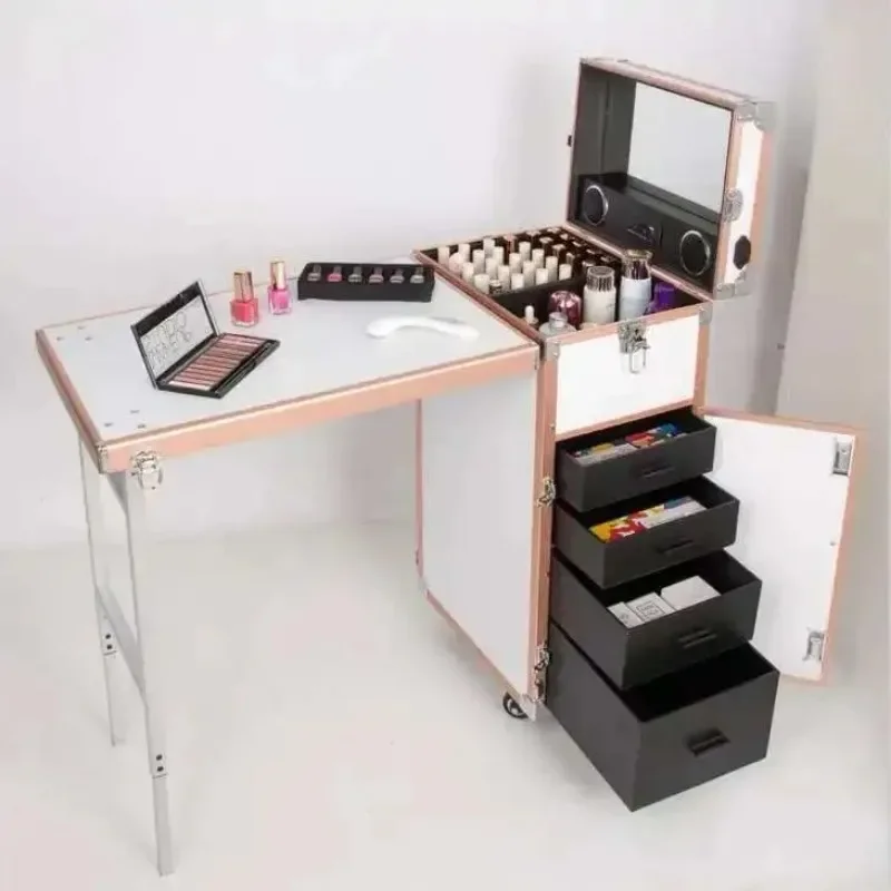 

Black Folding Desk Cosmetic Workstation Folding Rolling Portable Case Nail Tech Tables Manicure Mesa Plegable Salon Furniture