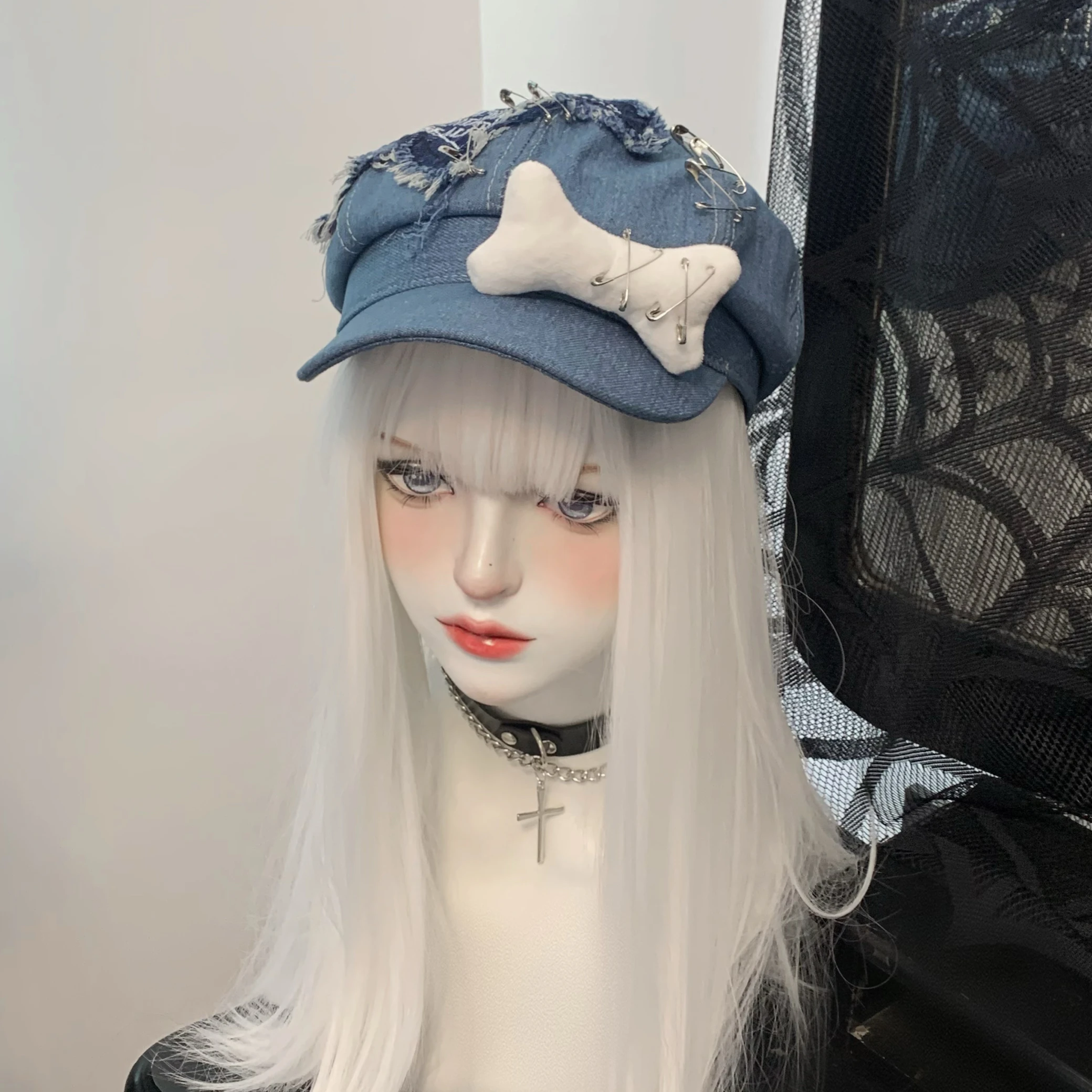 handmade denim Beret Y2k Lolita Hat JK Hats Girl's Beret Cute bones Kawaii Hat for Women