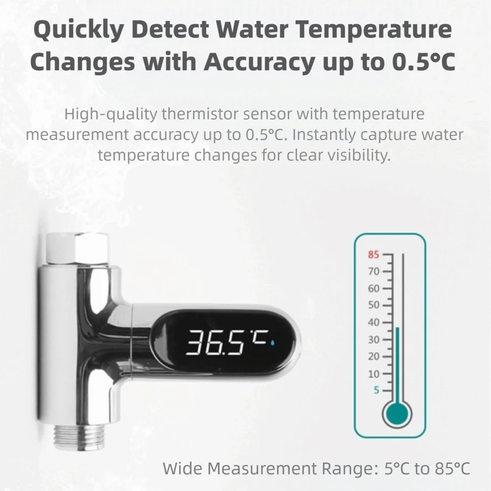 360°Rotating Screen Shower Thermometer LED Digital Display Water Flow Power Generation Water Temperature Thermometer Waterproof