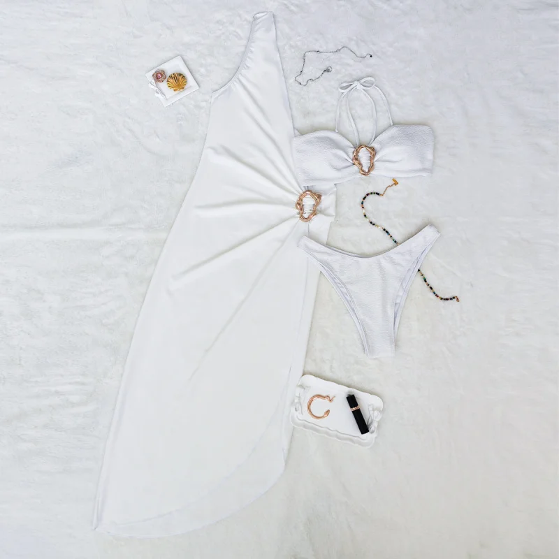 Dreiteiliges Badeanzug-Set, 2025, neuer Stil, Bikini, sexy, einfarbig, zweiteilig, trägerlos, mit einzelner Schulterüberzug