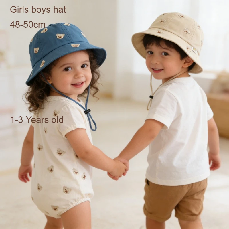 

Spring Summer Girls Bear Head Embroidery Fisher Hat 48-50cm Kids Sun Protection Outdoor Leisure Cap Boy Bucket Hat Children Caps