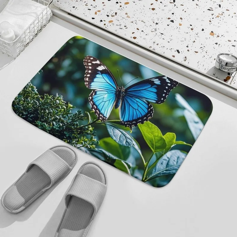 Stunning Printed Doormat Realistic Blue Morpho Butterfly Nature Plant Art Floor Mat for Front Entry Hall Indoors Outdoors
