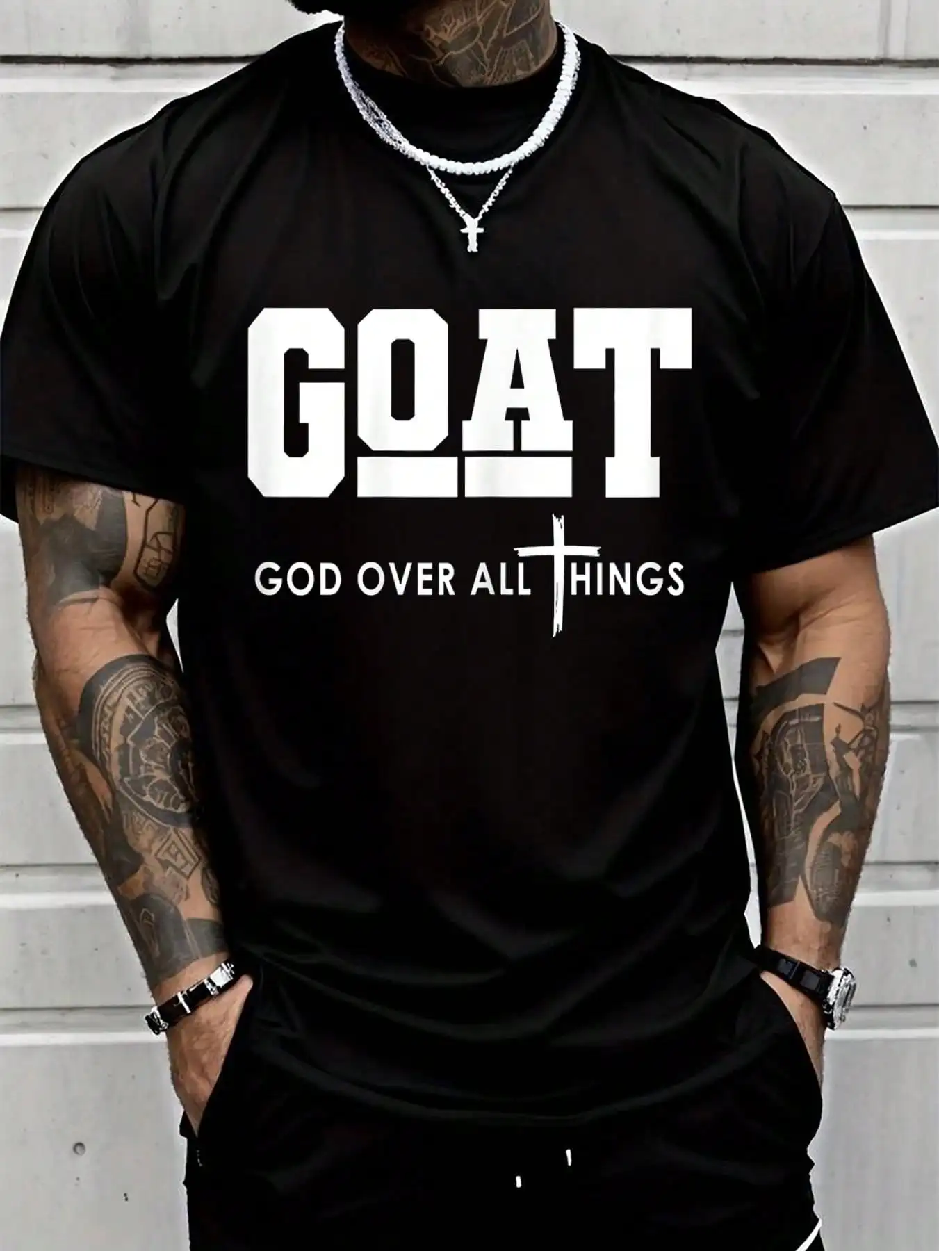 Black Short-Sleeve Crew Neck Graphic Tee with Bold Lettering and Cross Design