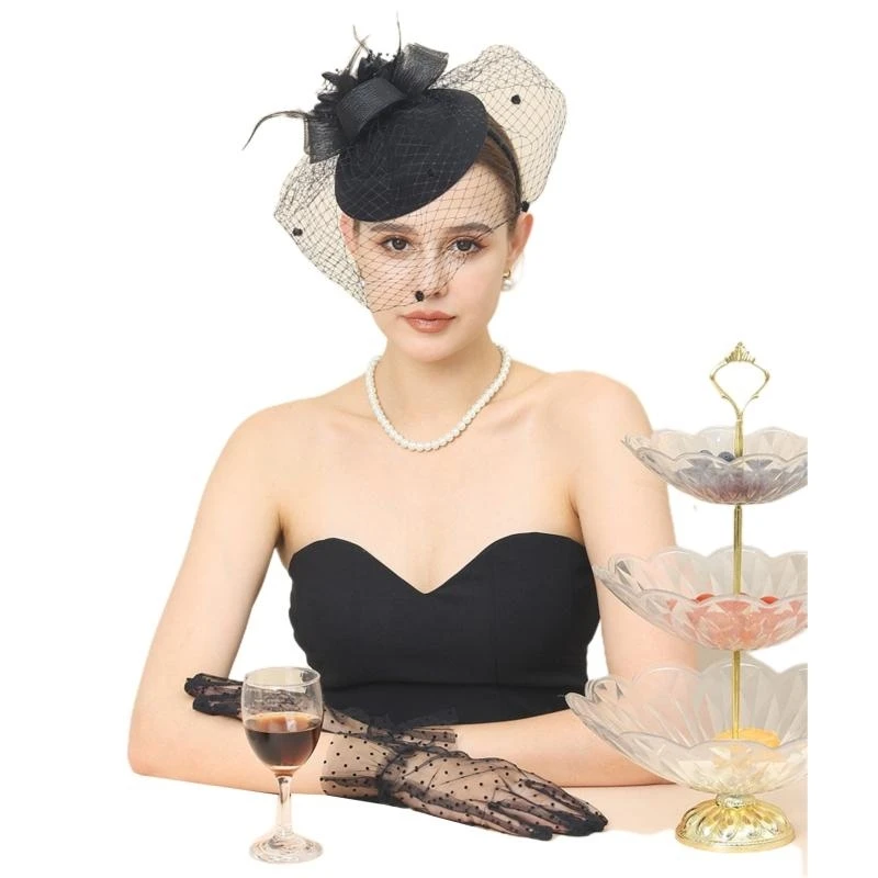 Retro Short Mesh Gloves & Feather Large Veil Cheongsam Show Banquet Women Costume Accessories Hat Gloves Charming Decor