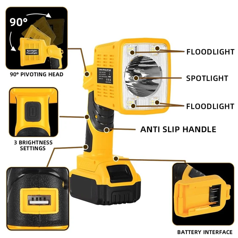

Светодиодный рабочий фонарь 18 Вт 1250LM для литиевой батареи DEWALT 18 В для кемпинга, ремонта автомобилей, аварийного освещения и рабочего места