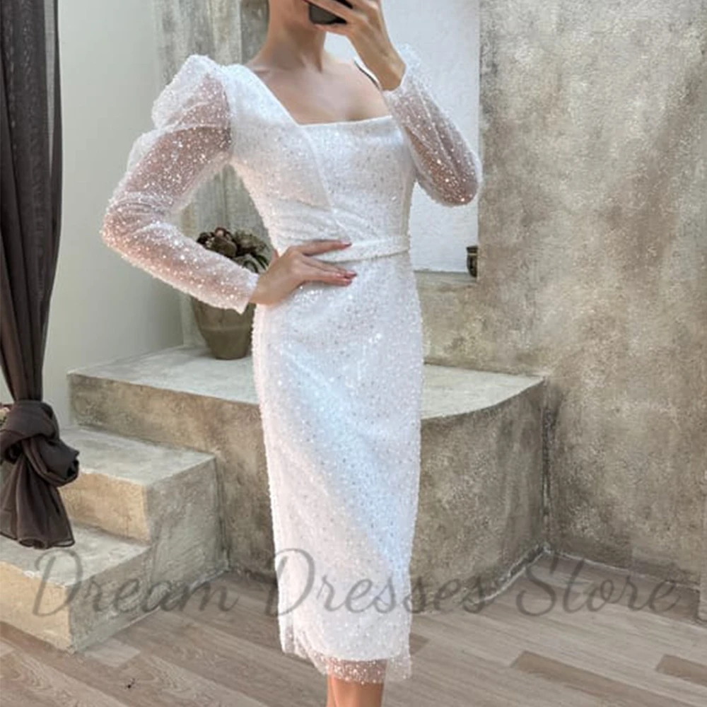 Shiny Sequin Short Evening Dress Square Collar Puff Long Sleeves with Belt Tea-Length Straight Back Slit Women Party Gowns