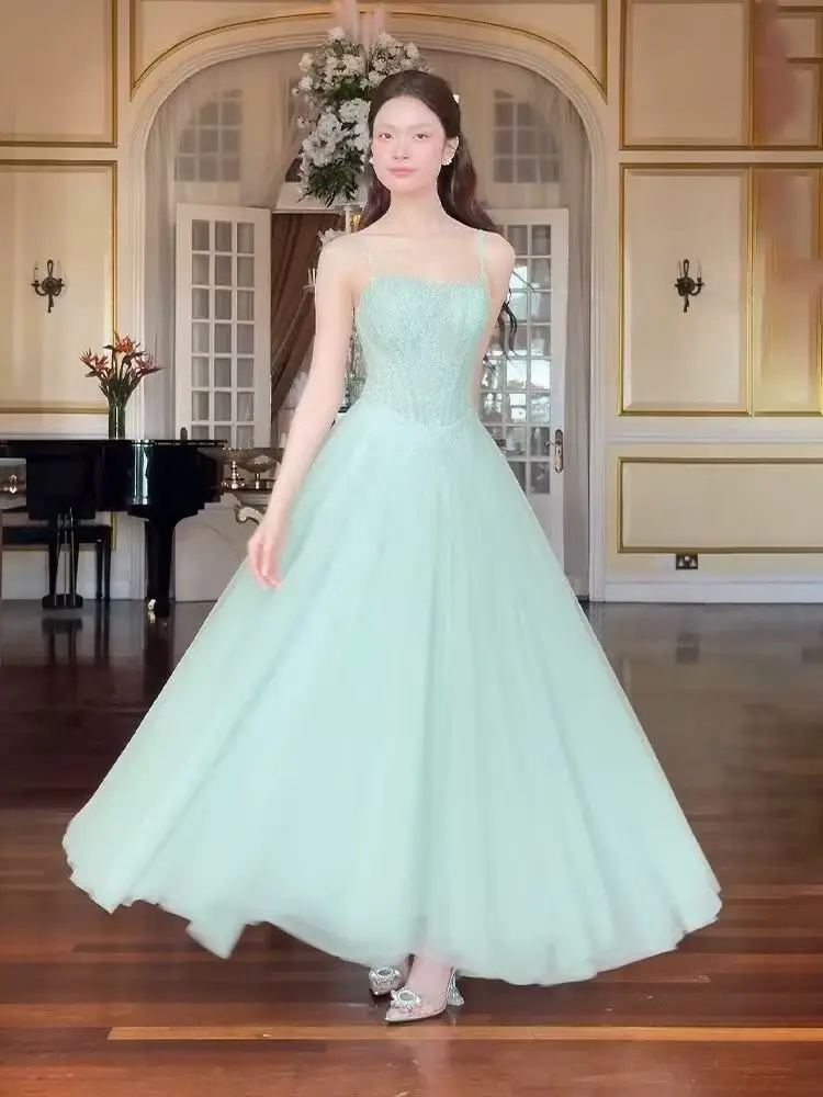 

High Quality Sexy Solid Mesh Patchwork Long Dress for Women Elegant Square Collar Sleeveless High Waist Party Evening Gown