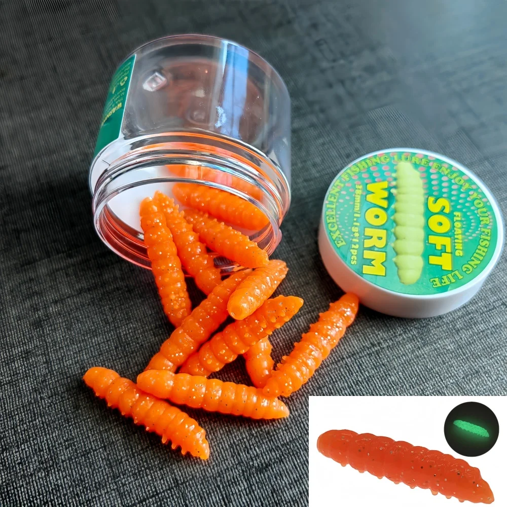 12 Stück schwimmende Wurmköder 1,1g/38mm Forellen-Angelköder mit Garnelenduft, künstliche Silikon-Forellen-Plastikköder