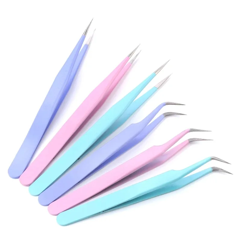 Stainless Steel Straight Curved Tweezers Set for False Eyelashes Makeup Tools DIY Nail Art Rhinestones Decor Selection Pick Tool