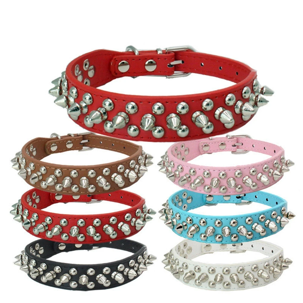 Pet Dog Rivet Collars PU Leather Round Bullet Nail Studded Necklace Spiked Strap Punk Style Small Dogs Cat Collar