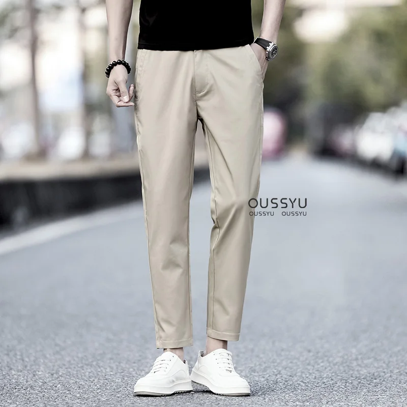 2025 nuevos pantalones tobilleros de algodón de verano para hombre, pantalones ajustados con cintura elástica para correr al aire libre, traje de trabajo coreano, pantalones casuales para hombre 28-38