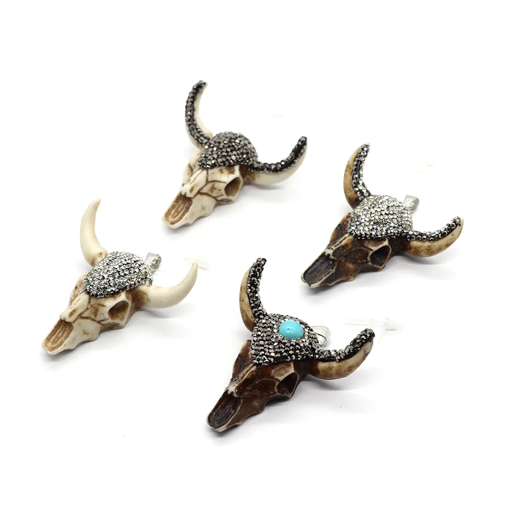 1pc Natural Bull Head Skull Pendants Resin with Rhinestone 47x47 Size DIY Making Necklace Jewelry Accessions 4 Types for Choice