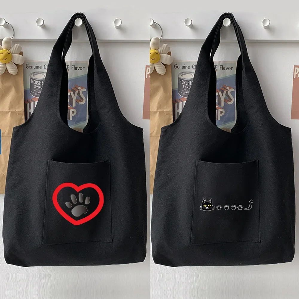 

Cartoon Korean Black Shoulder Bag Shopping Woman Bag Handbag Casual Footprint Pattern Printing Large Capacity Tote Bag Commuter