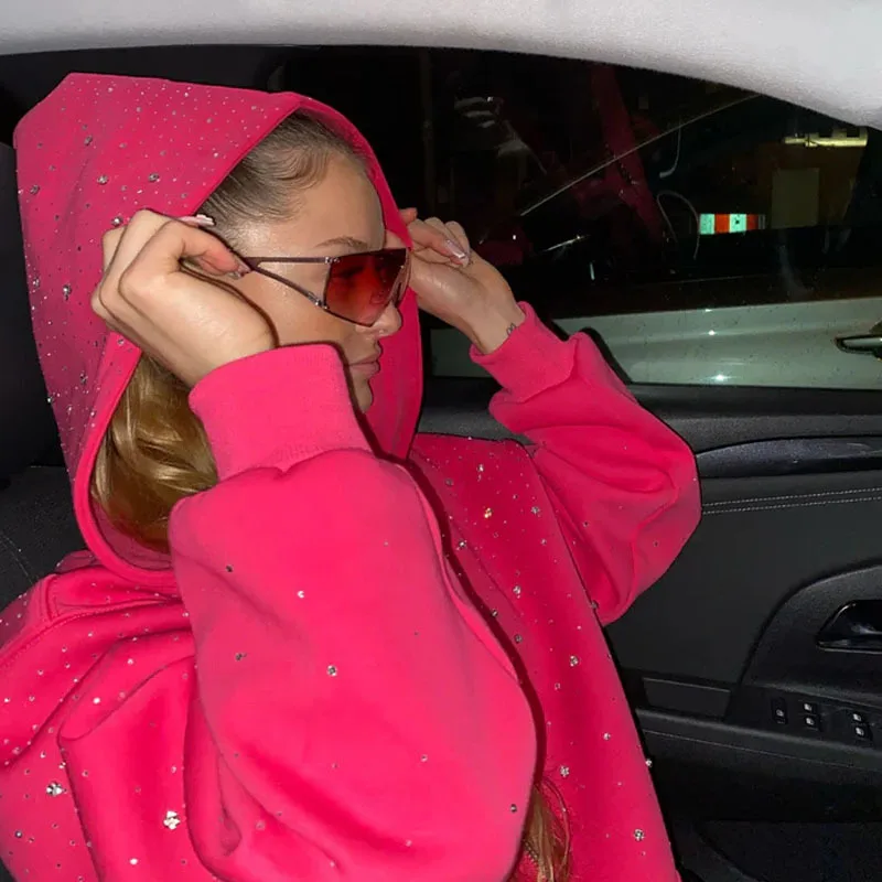 All‑Over Rhinestone Women Hoodie, Y2K Hot Pink Loose‑Fit Long‑Sleeve Pullover Sweatshirt, Autumn Winter Streetwear Top