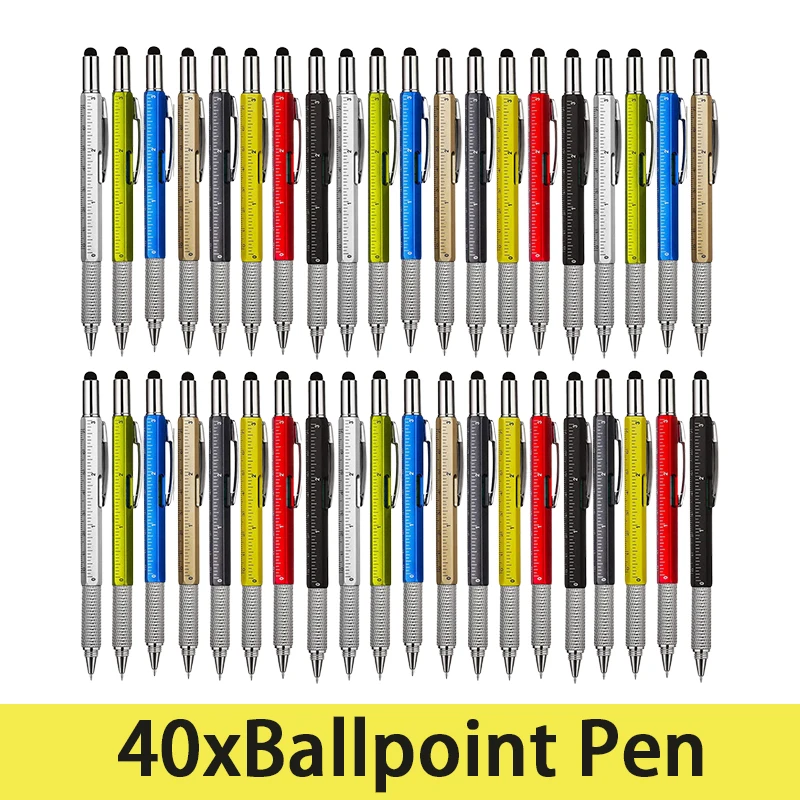 40Pcs 6 in 1 Tool Ballpoint Pen Screwdriver Ruler Spirit Level Multi-function Aluminum Touch Screen Stylus Pen