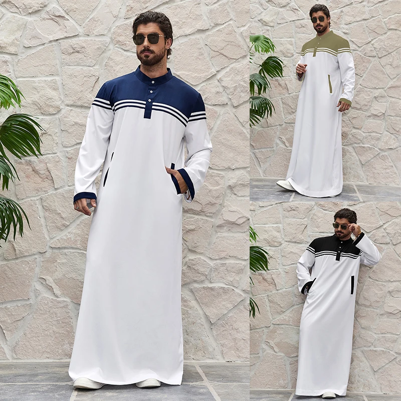 Islam Ramadan Color Blocked Men's Traditional Muslim Thobe, Ramadan Style Islamic Long Gown Shirt Robe, Middle Eastern Fashion