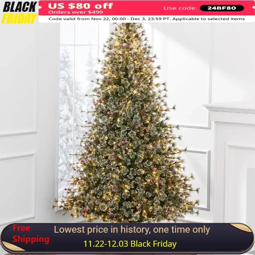 9ft Pre-Lit Cashmere Christmas Tree, Premium Semi-Flocked Artificial Holiday Decor W/Cordless Connection, 2-in-1 LED Lights