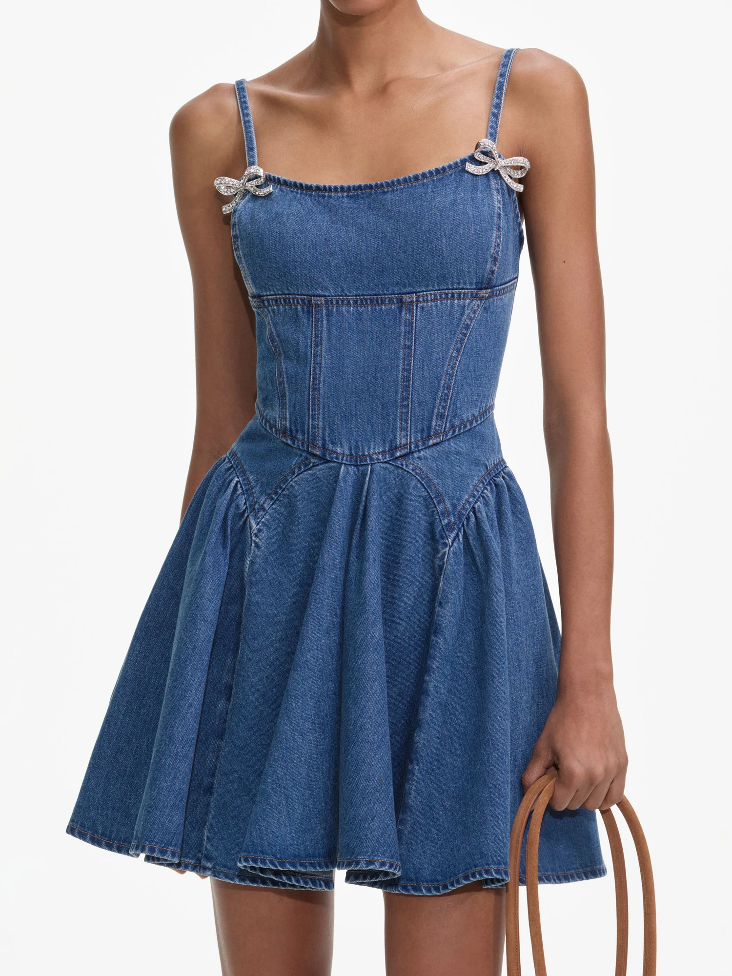 

High Waist A-Line Dr with Bow Tie Design in Denim Fabric for Women Ele Summer Faion by SP Home South Oil
