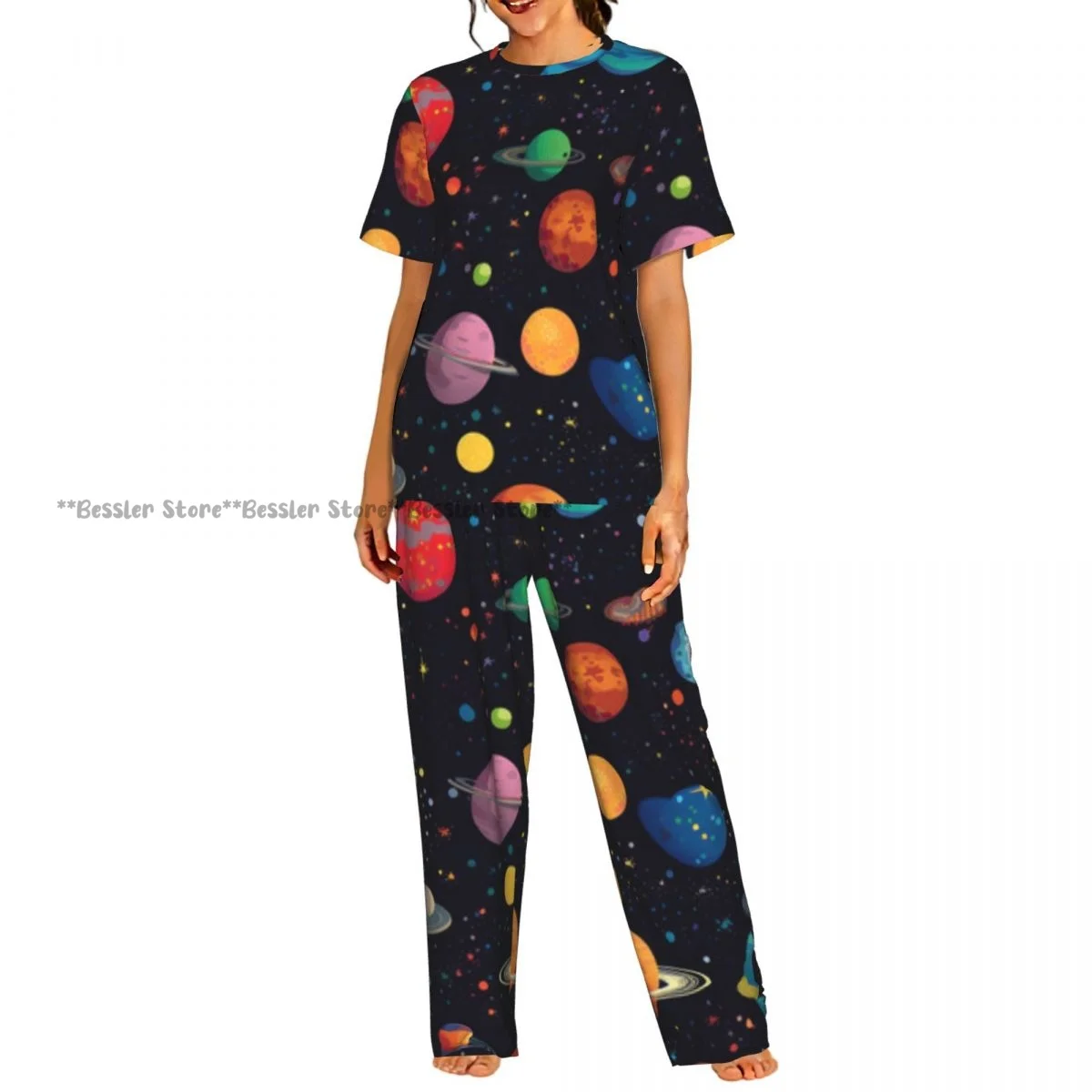 

Women's Comfort Pajamas Women's Space Planets And Stars Illustration Short Sleeve Set Sleepwear