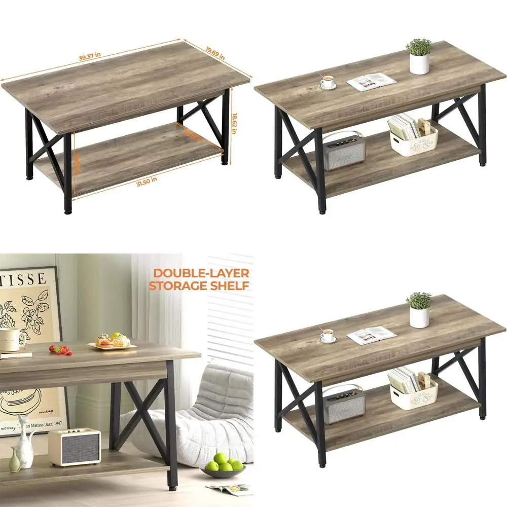 

Modern 39 2-Tier Farmhouse Coffee Table with Storage, Grey Wash, Space-Saving for Small Living Rooms, Easy Assembly