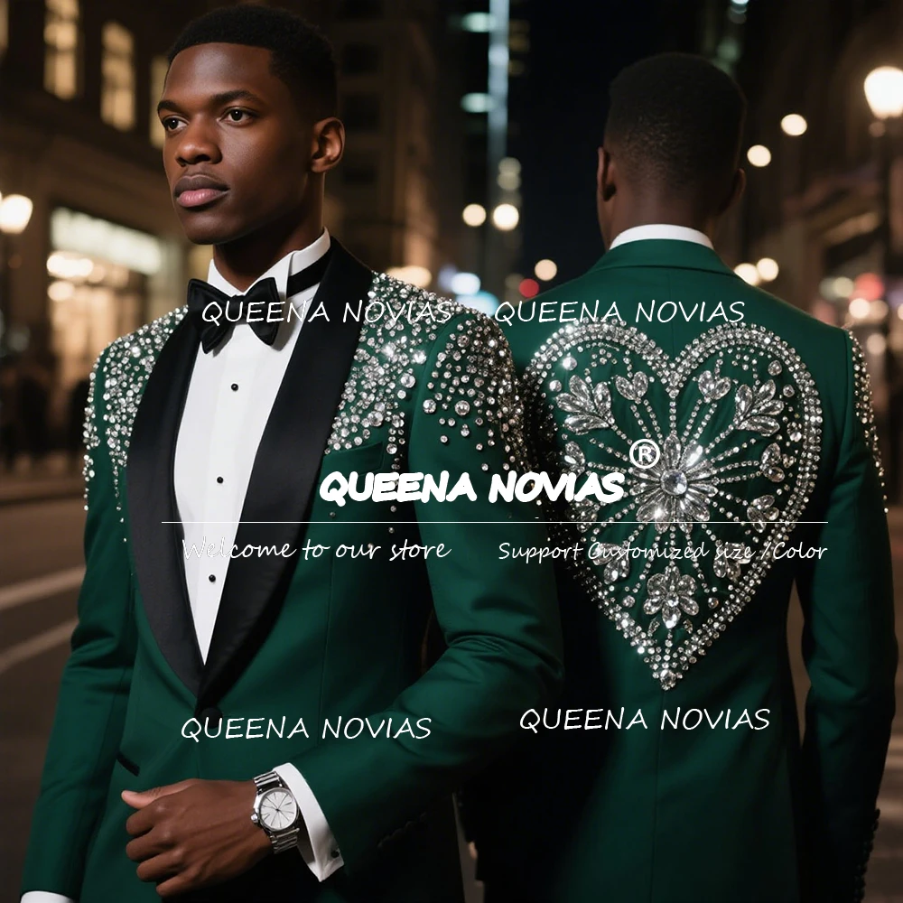 

Luxury Beaded Stones Men Suits 2 Pieces Sets Latest Design Shawl Lapel Prom Blazers Customized Groom Banquet Wedding Tuxedos