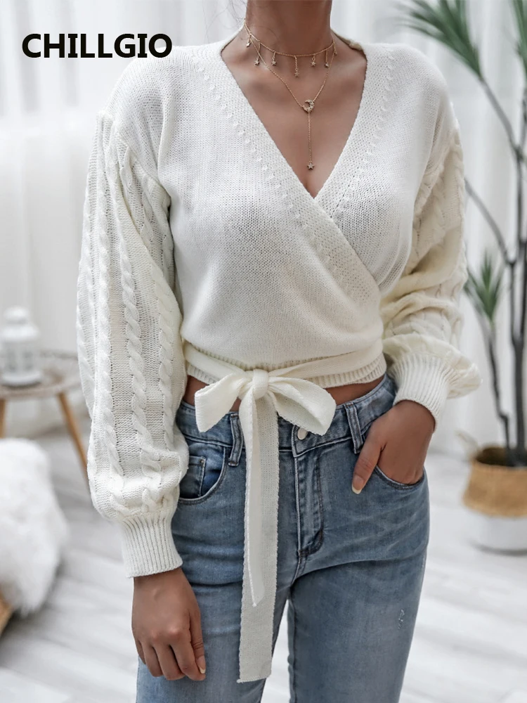 

CHILLGIO Women Knittted Pullovers Autumn V Neck Elegant Long Lantern Sleeves Office Lady Tops Sash Winter Twist Knitting Sweater