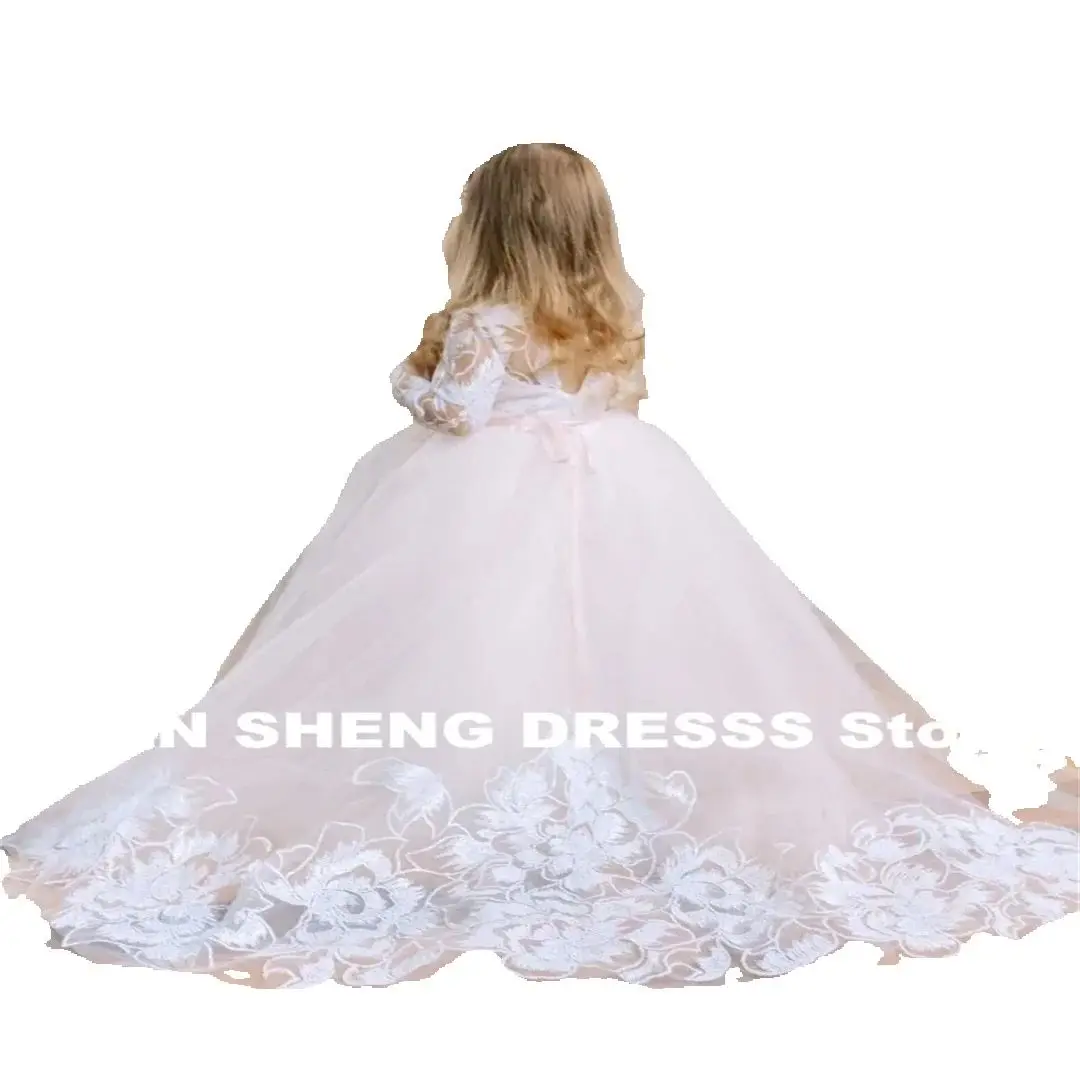 Vestidos de flores para niña, apliques de tul blanco con cinta rosa, manga larga para boda, fiesta, cumpleaños, vestidos de comunión
