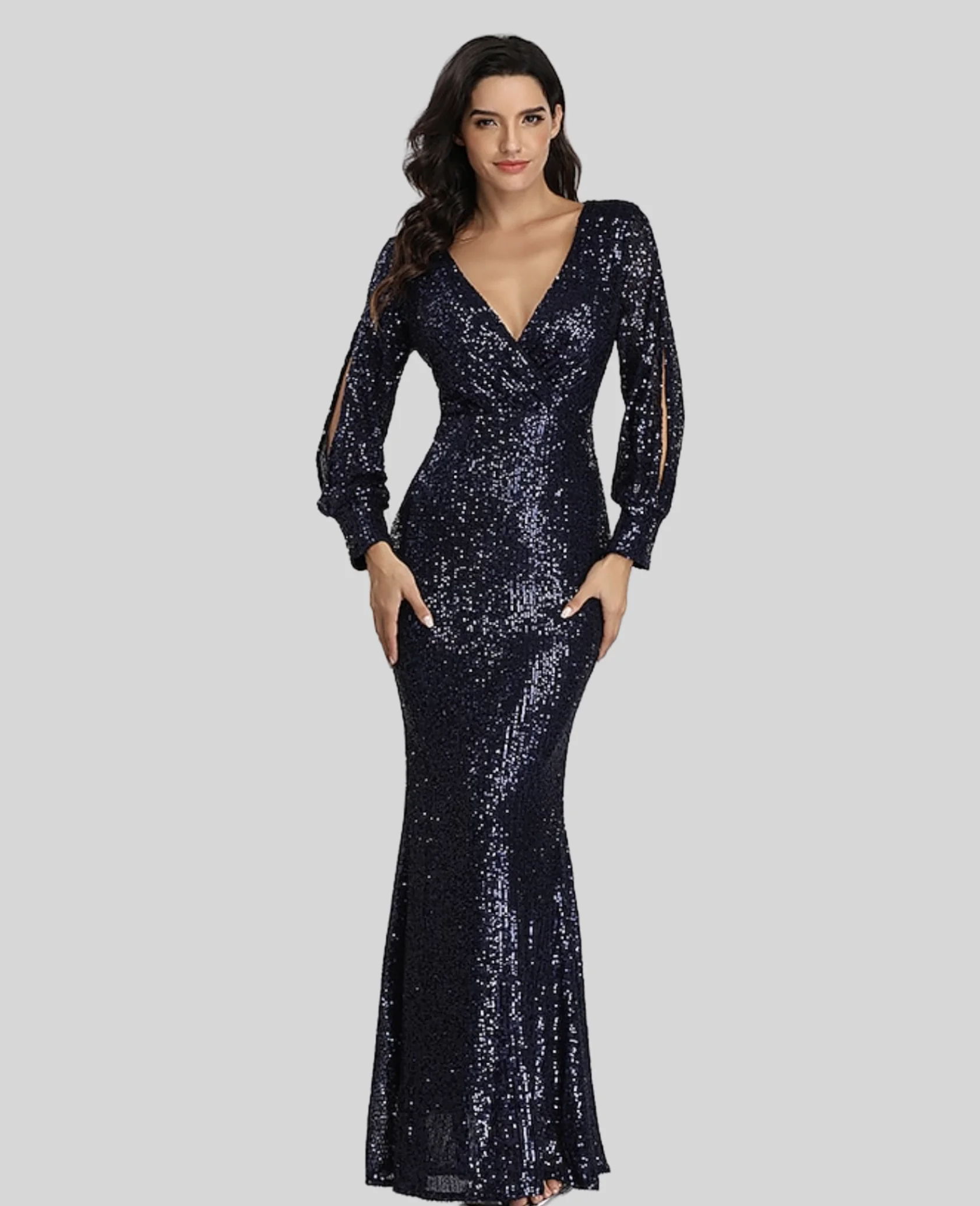 Mermaid / Trumpet Evening Gown Sparkle Dress Wedding Guest Party Wear Floor Length Long Sleeve V Neck Sequined with Sequin