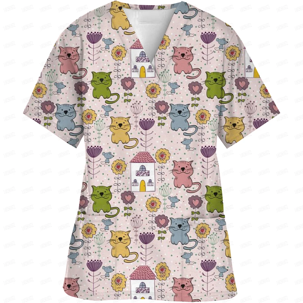 Cartoon Animal Dinosaur Clinic Dentist Nurse Uniform V-Neck Pocket Medical Uniforms Nursing Scrub Pediatric Clinic Tops Uniforme