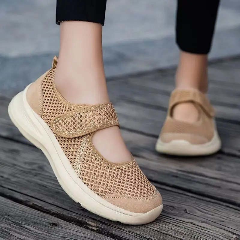 المرأة شبكة الجوف خارج حجم كبير أحذية مشي الصيف لينة وحيد عدم الانزلاق فضفاض جولة تو الفيلكرو خفيفة الوزن المسنين الرياضة hoes