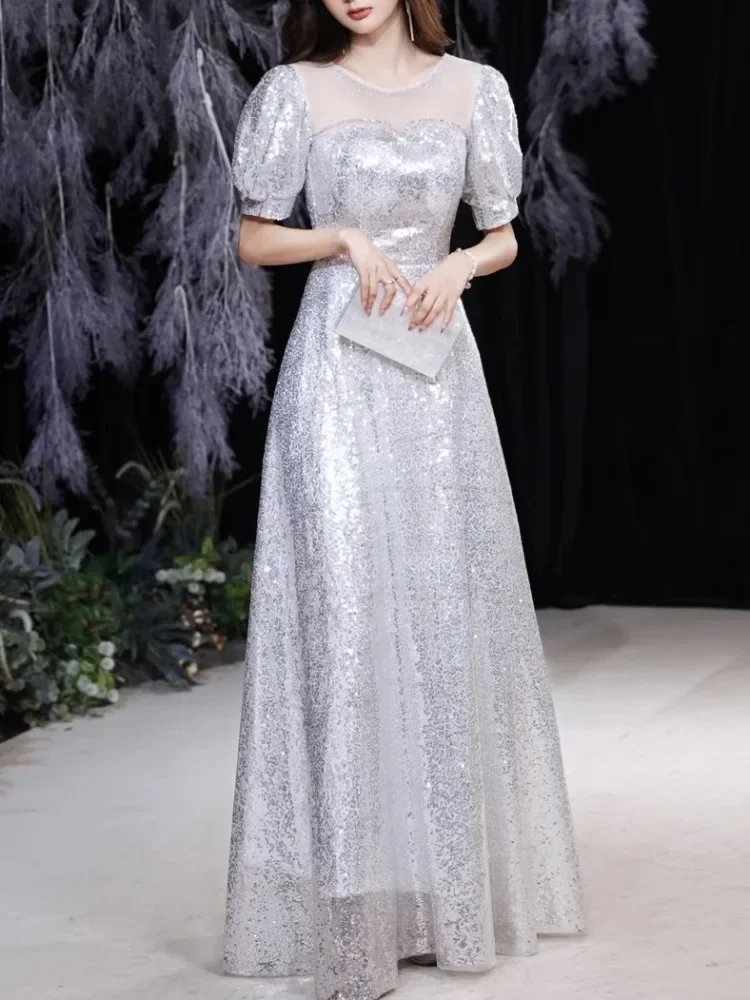 

O-neck Puff Sleeve Simple Sequined Wedding Party Dresses Silver Elegant Prom Vestidos Backless Cross Lace-up Long Evening Dress