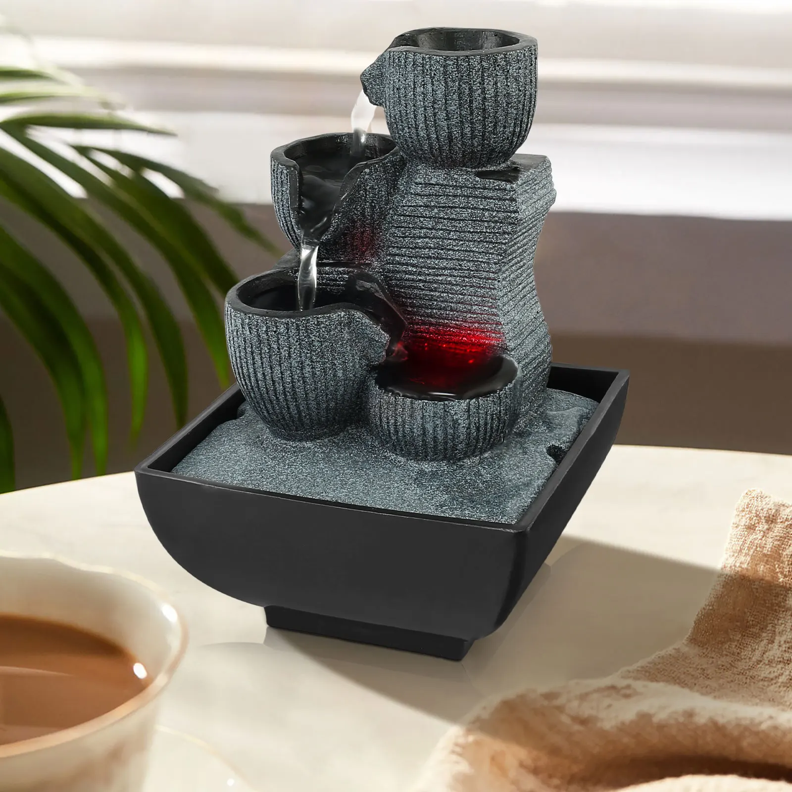 Masa üstü su çeşmesi kapalı şelale özelliği ile sessiz dalgıç pompa ile LED kristal top dekoratif masaüstü çeşme