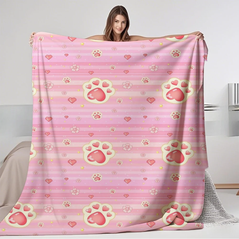 

Flannel Cozy Multi-use Blanket Kawaii Cat Paws Pink Art Deco Quilted Bed Runner Bedspread Hypoallergenic Moisture-wicking