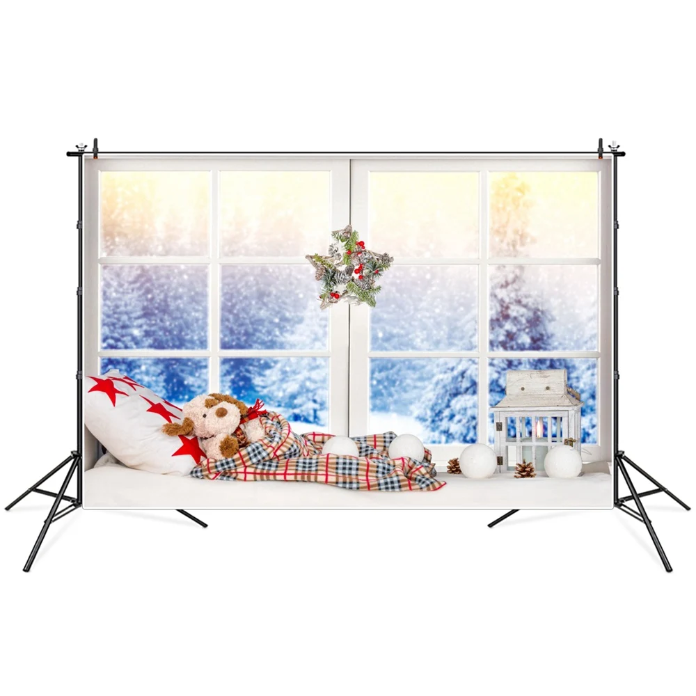 Natal neve floresta bay janela fotografia fundos personalizado lanterna bola brinquedo cena do bebê festa decoração foto backdrops