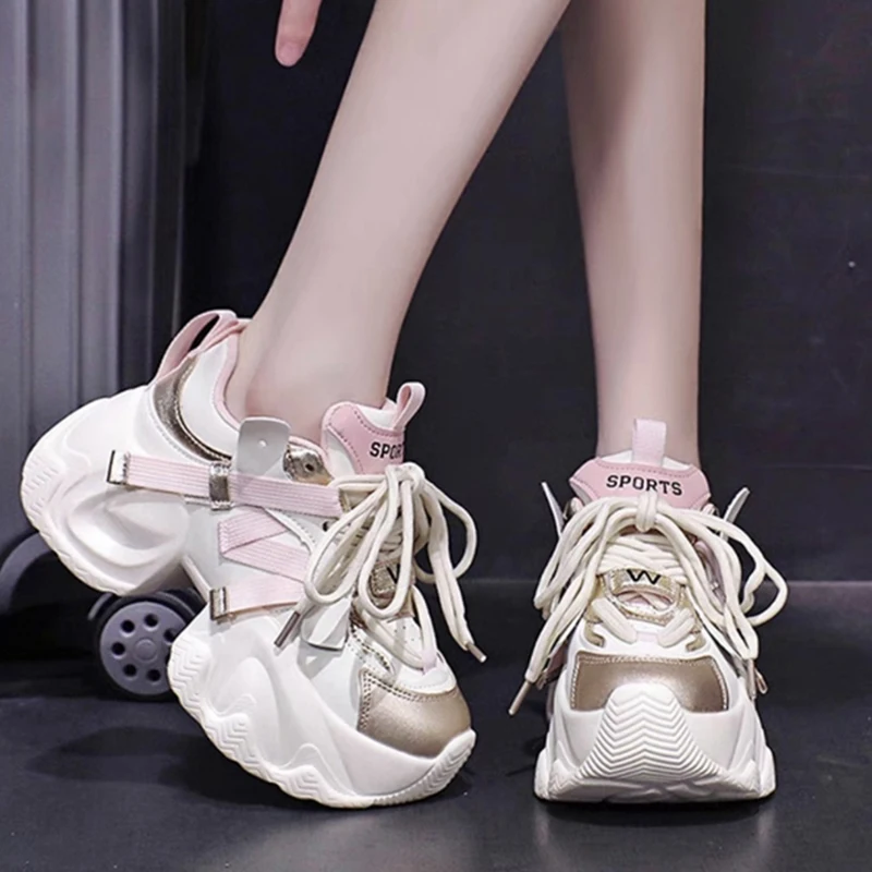 Women Walking Sneakers Autumn Lace-up High Platform Chunky Shoes Breathable Leather Shoes 10CM Winter Wedge Heels Casual Shoes