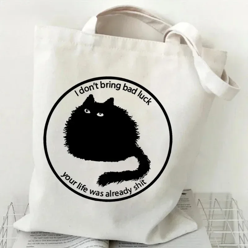 Katzen-Print Canvas-Tragetasche Niedliche Cartoon-Katzen-Muster Schultertasche für den täglichen Einkauf Tierliebhaber Enthusiasten Wiederverwendbare Einkaufstasche – Detail 6