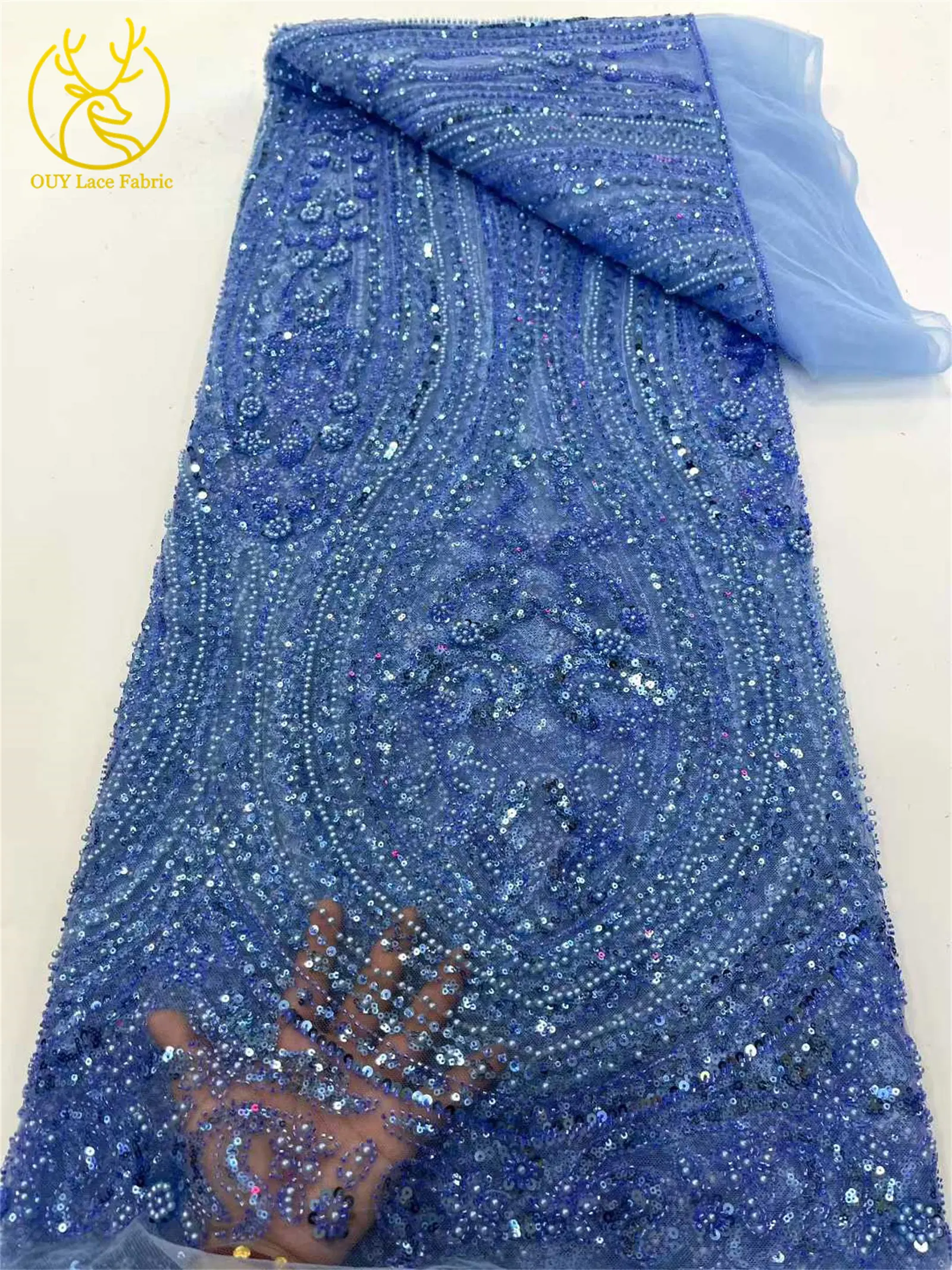 ゴールデンデラックスアフリカ手作りビーズレース生地5ヤード繊細なフランス製スパンコールレース生地ウェディングドレス結婚式パーティー縫製用