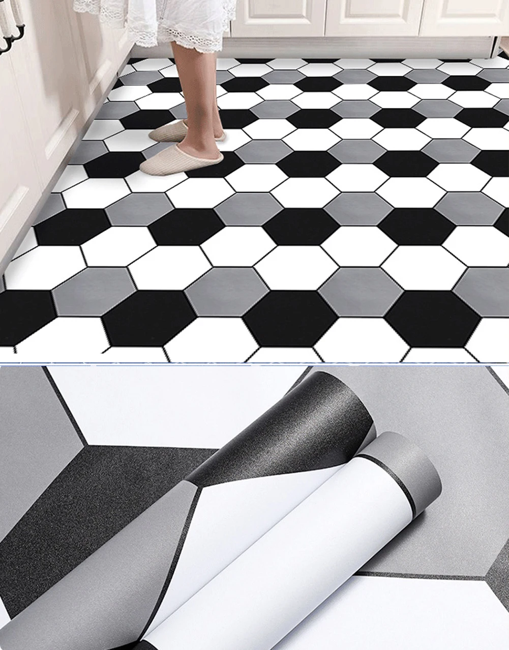 

Black and White Hexagon Floor Sticker Tiles Contact Paper Decorative Self Adhesive Wallpaper Removable Peel And Stick Wallpaper