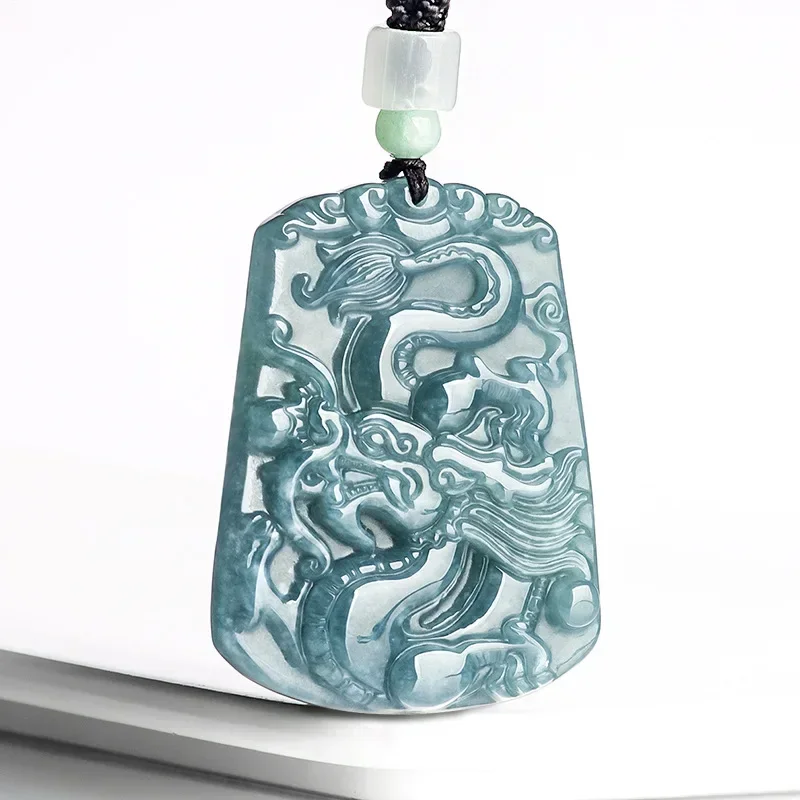 

MaiChuang/Hand-carved/Natural Jade Blue Water Fortune Zodiac Dragon Necklace Emerald Pendant Fine Jewelry Fashion Men Women Gift